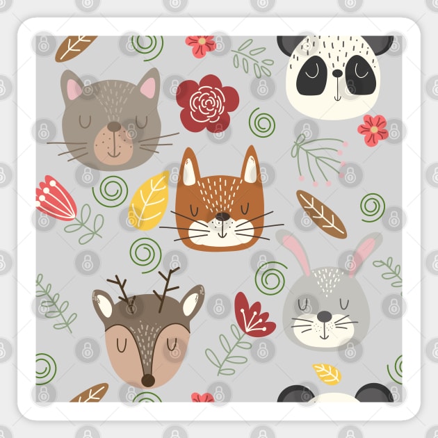 Woodland animals kids pattern grey background Sticker by Arch4Design